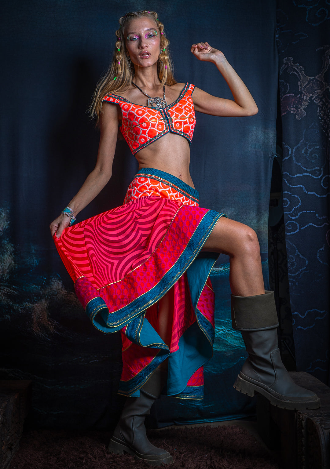 Choli & Skirt Woman Combo / Jaquard & Voile - PINKORANGE MADNESS